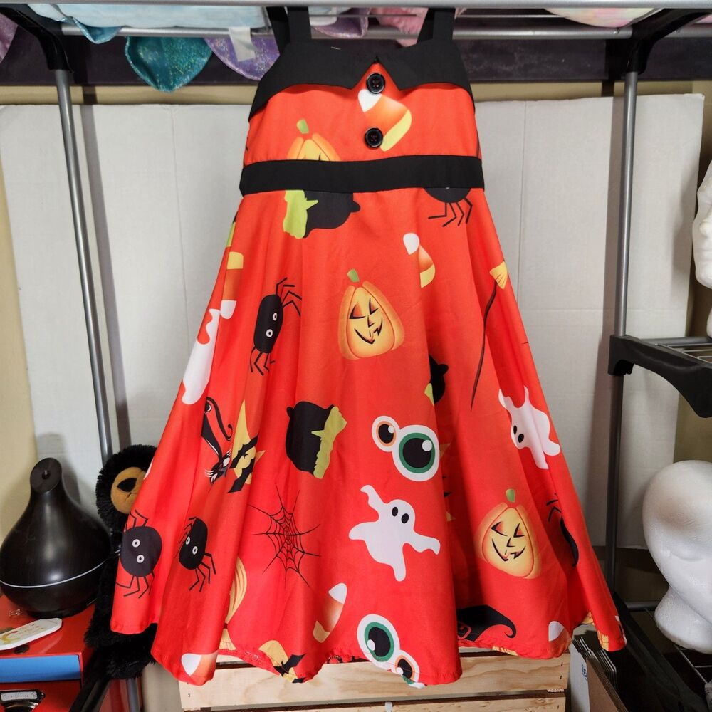 Shein Halloween Girls Dress Orange/Black 5Y